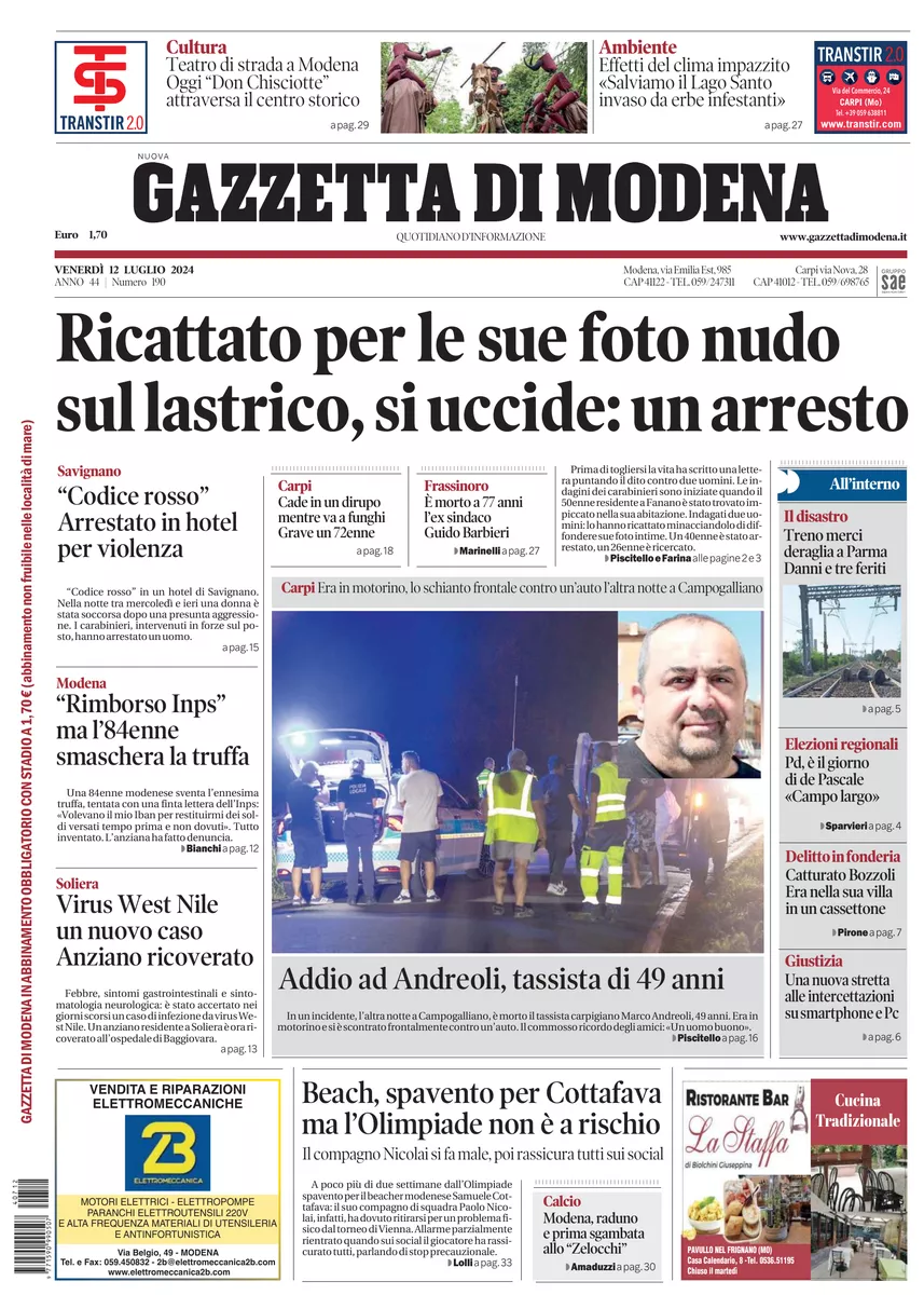 Prima-pagina-gazzetta di modena-oggi-edizione-del-2024-07-12